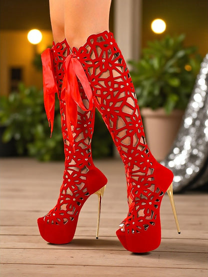 Knee Boots Stiletto Platform Peep High Sexy Cutout Women's