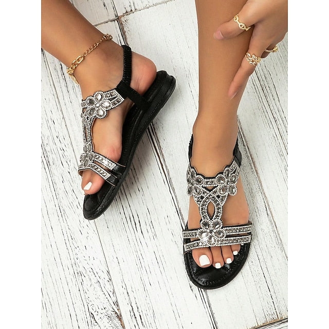 Rhinestone – Flat Boho Silver Sandals Women's T-Strap