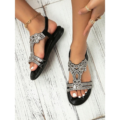 Rhinestone – Flat Boho Silver Sandals Women's T-Strap