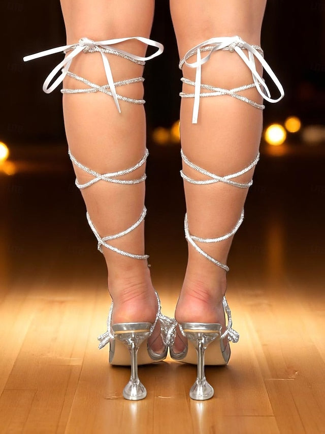 Crystal Glitter Women's Heeled with Bow Sandals Silver and