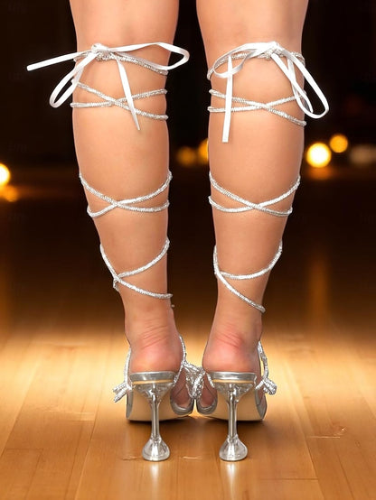 Crystal Glitter Women's Heeled with Bow Sandals Silver and