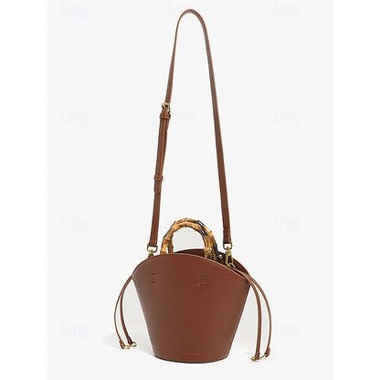 Bucket Bag Bamboo Handle Leather Brown Women's with