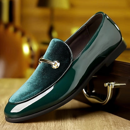 Loafers Green Loops Leather Decorative with Faux Gold Men's