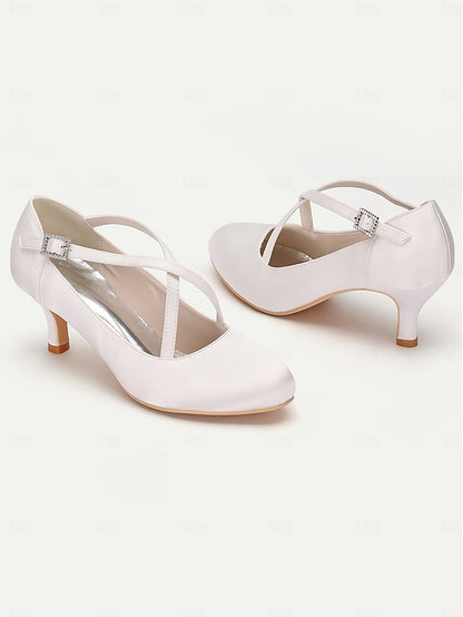 Satin with Elegant Rhinestone Heels Buckle – Cross-Strap White
