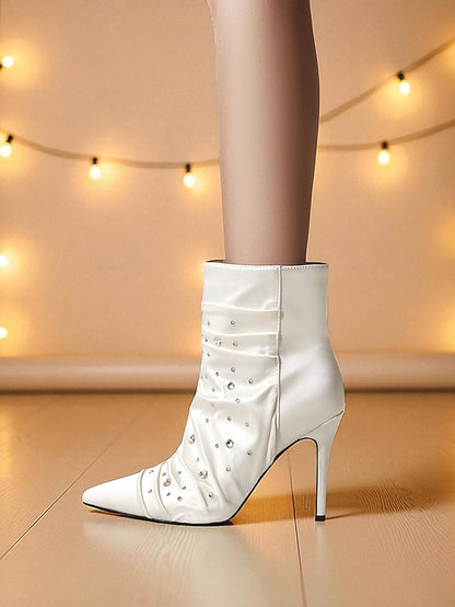 Satin White Women's Ankle with Boots Rhinestone