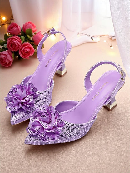 Rhinestone Heels Floral Slingback Women's with Purple