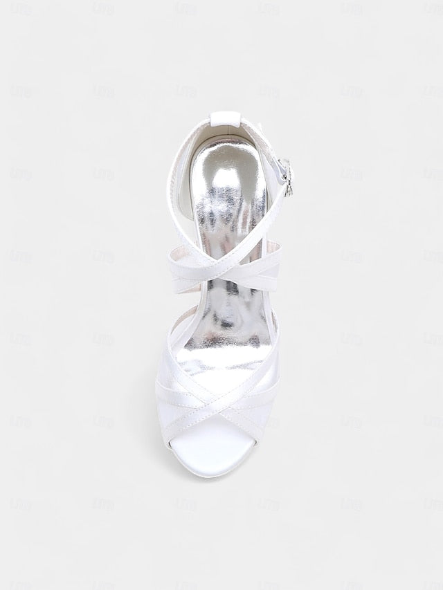 Satin High - White Heel Bridal Straps Sandals with Cross Perfect