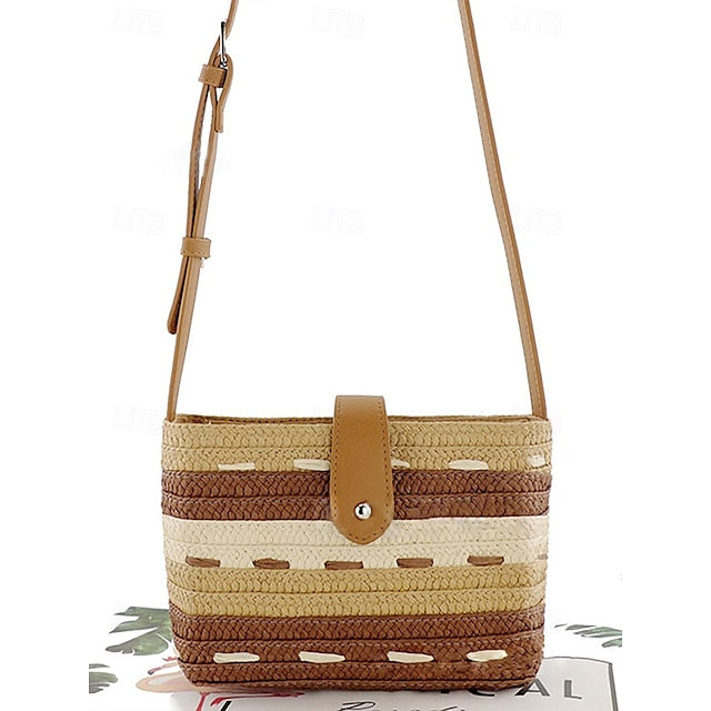 Striped with Bag Colorblock Women's Straw Woven Brown Tote