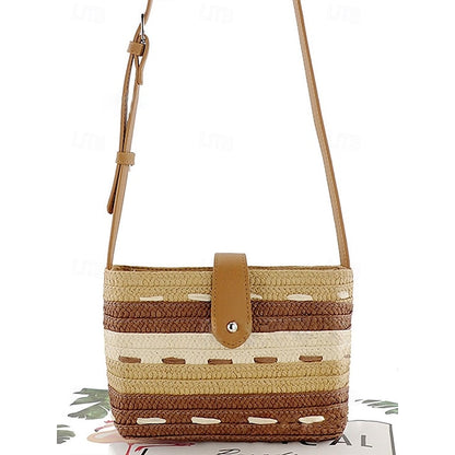 Striped with Bag Colorblock Women's Straw Woven Brown Tote