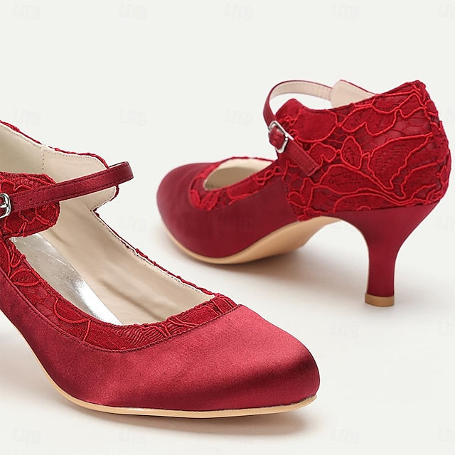 Comfortable Satin Red Mid-Heel Lace Heels - Women's Elegant