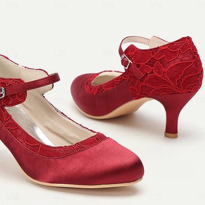 Comfortable Satin Red Mid-Heel Lace Heels - Women's Elegant
