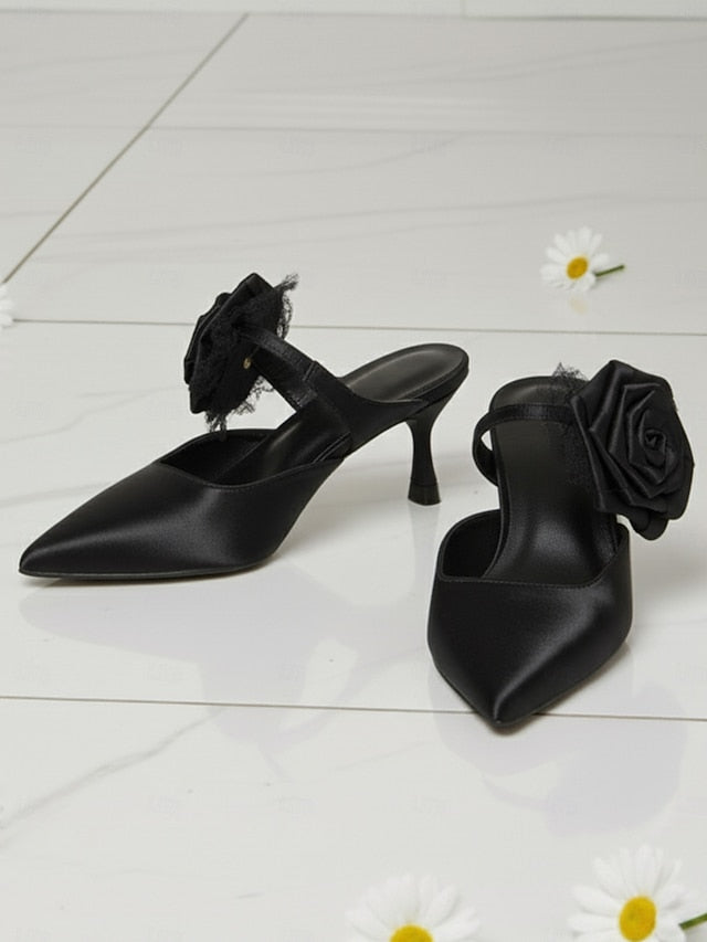 Toe Ankle Floral Pointed Satin Women's Heels with Green