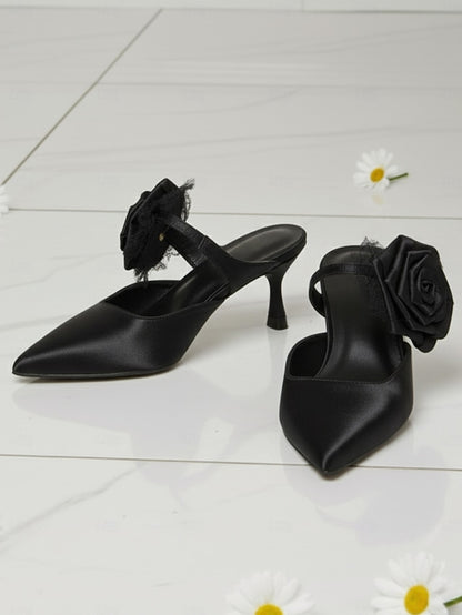 Heels Floral Pointed Green Toe Ankle Satin with Women's