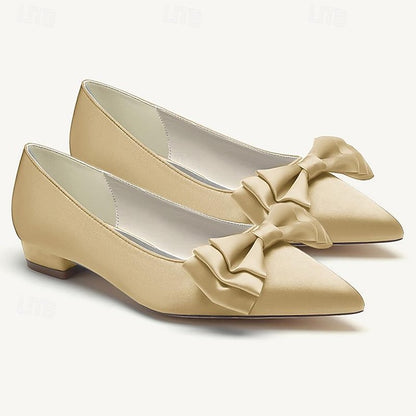 Flats Women's Bowknot Shoes Party Low Wedding Heel Pointed