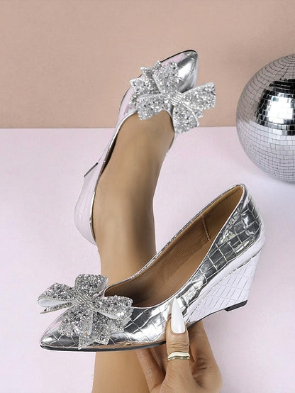 Black Leather with Wedge Heels Bow Patent Glitter Women's