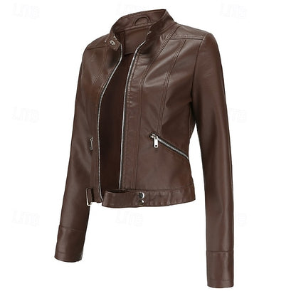 Women's Jacket Zipper Leather Faux Pocket Comfortable