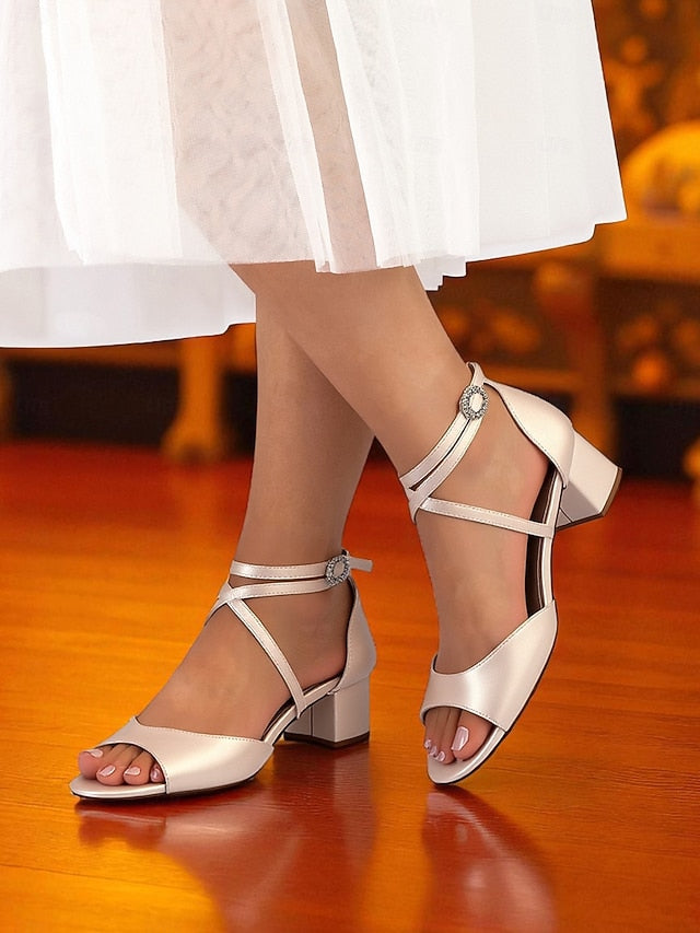 Sandals with Heel Women's Satin Strap Ankle - Elegant Block