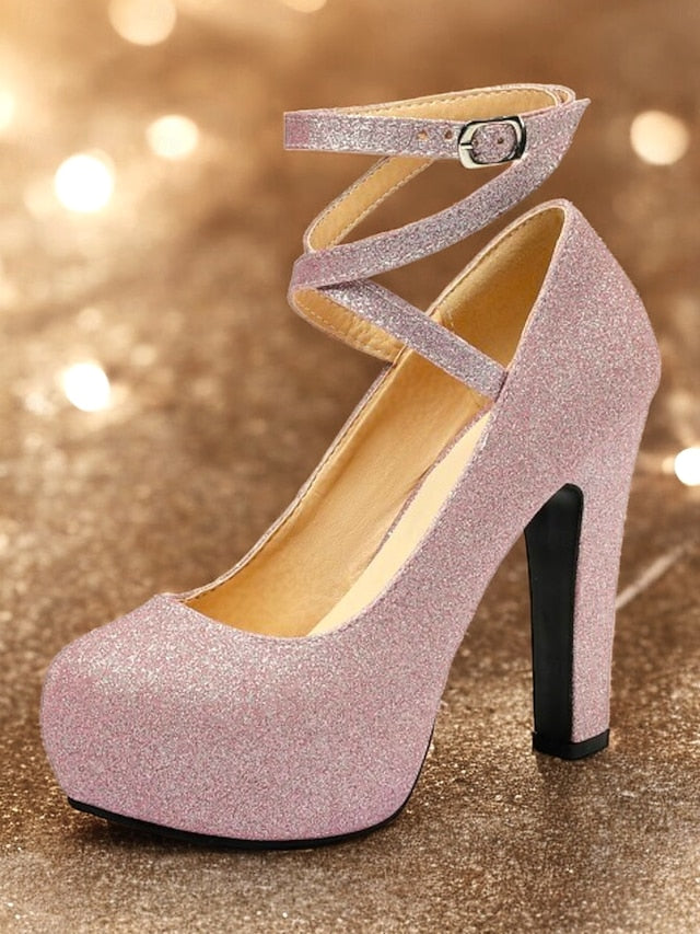 – Women's Heels Platform with Strap Pink Glitter Ankle