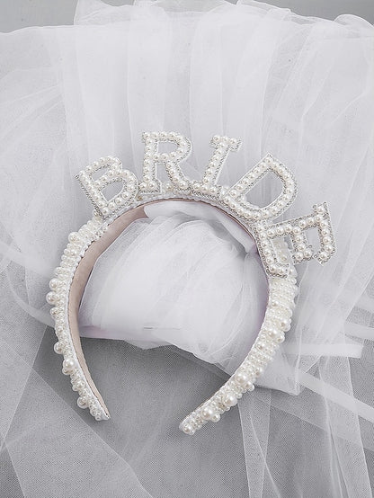 with Veil Pearl-Embellished Headband 'BRIDE' –