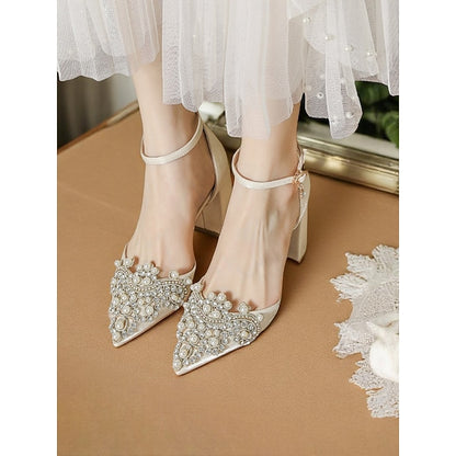 Rhinestone Block Heel Women's Pearl and Embellished Wedding