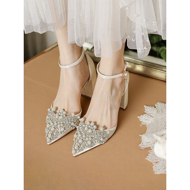 Embellished Rhinestone Block Pearl Women's Heel and Wedding