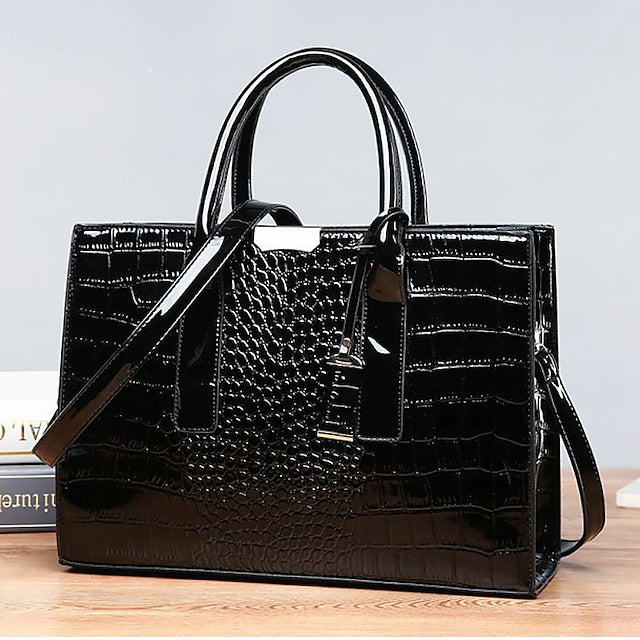 Women's Black Patent Crocodile Leather Pattern Handbag with