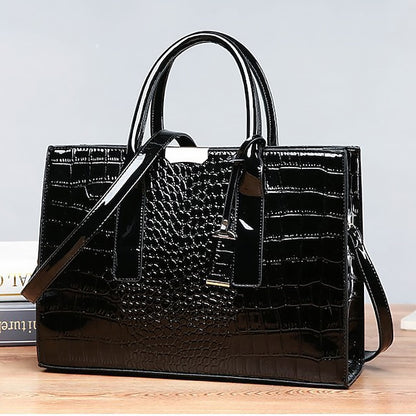 Women's Black Patent Crocodile Leather Pattern Handbag with
