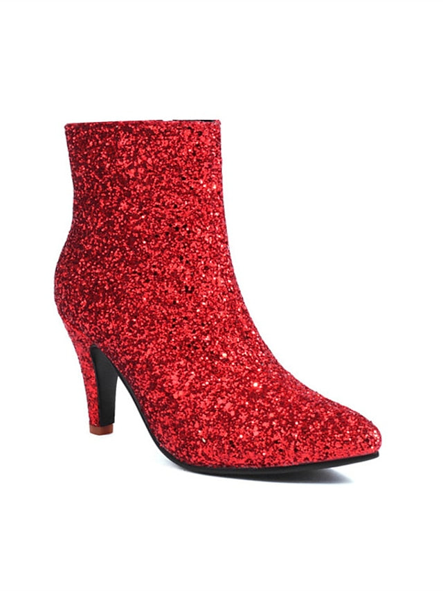 Ankle High Women's Boots Red Heel Glitter Sparkly –