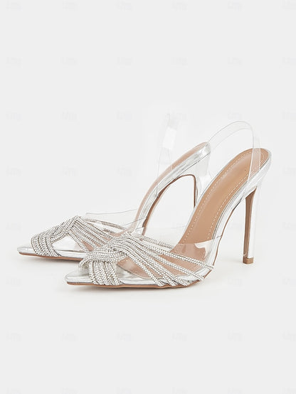 Silver with – Sandals Stiletto Straps Rhinestone Transparent