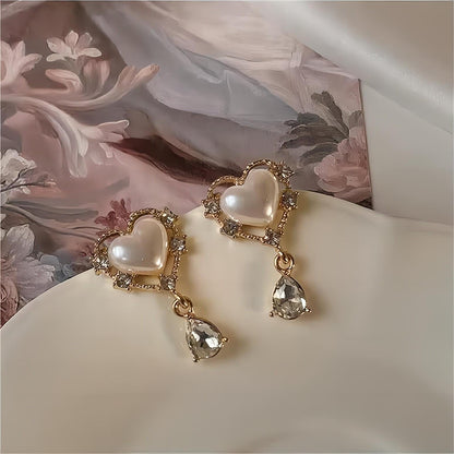 Rhinestone Pearl Heart Earrings