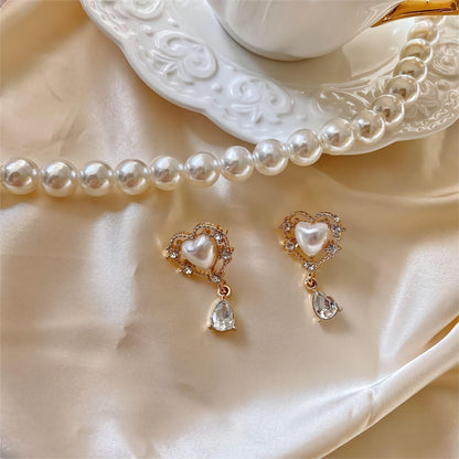 Rhinestone Pearl Heart Earrings