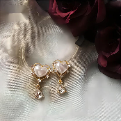 Rhinestone Pearl Heart Earrings