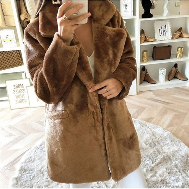 Women's Comfortable Faux Warm Coat Fur Pocket Casual