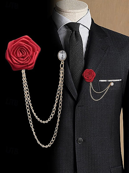 Rose – Chain Men's with Lapel Elegant Gold Pin Red
