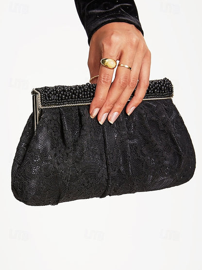 Black Elegant Beaded Clutch with Bag Women's Evening Lace