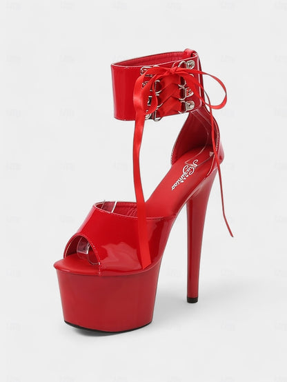 Black Patent with Platform Sandals Leather Ankle Straps Lace-Up