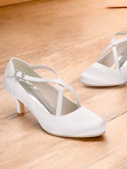 Satin with Elegant Rhinestone Heels Buckle – Cross-Strap White
