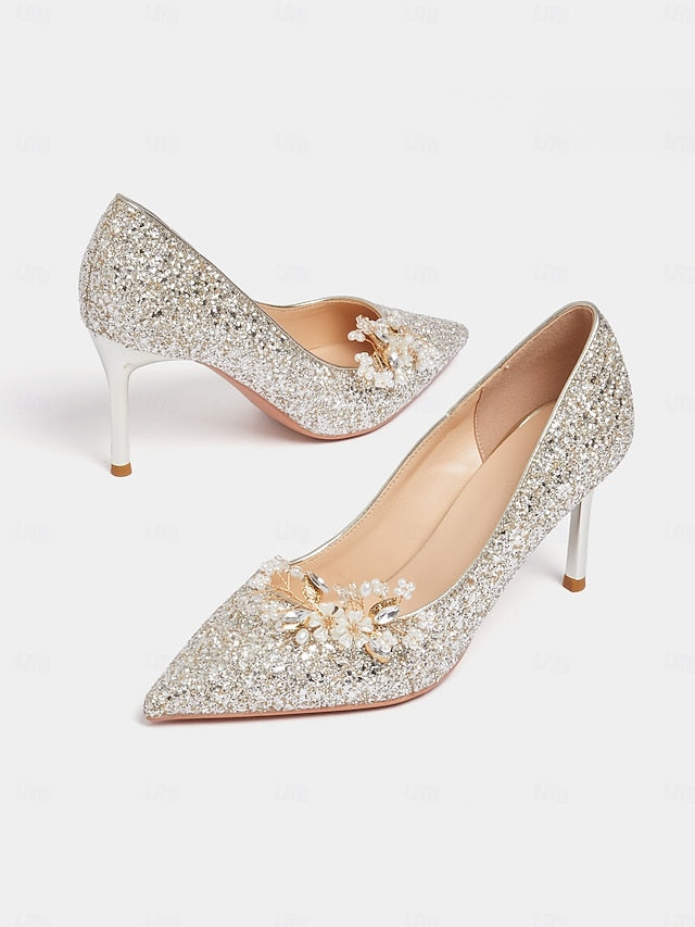 Glitter Silver Heels Stiletto Floral with Women's