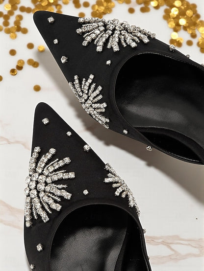 Satin Pointed Black Mules Rhinestone Women's with Toe