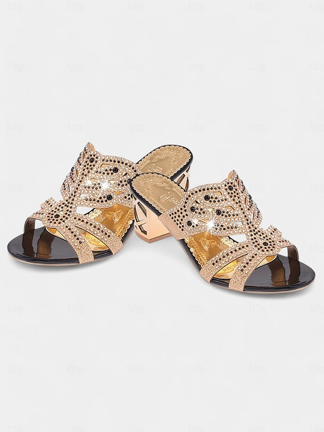Heeled Embellished and Rhinestone - Green Sandals Gold