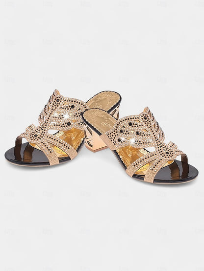 Heeled Embellished and Rhinestone - Green Sandals Gold