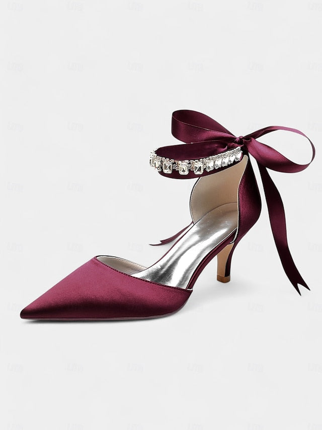 Ankle Pointed-Kitten Rhinestone Heels Strap Blue with Satin and