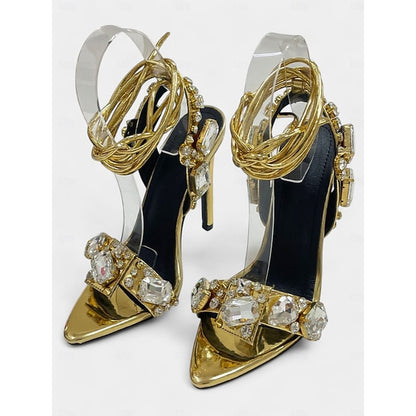 Green Stiletto Women's Heels Metallic Lace-Up with