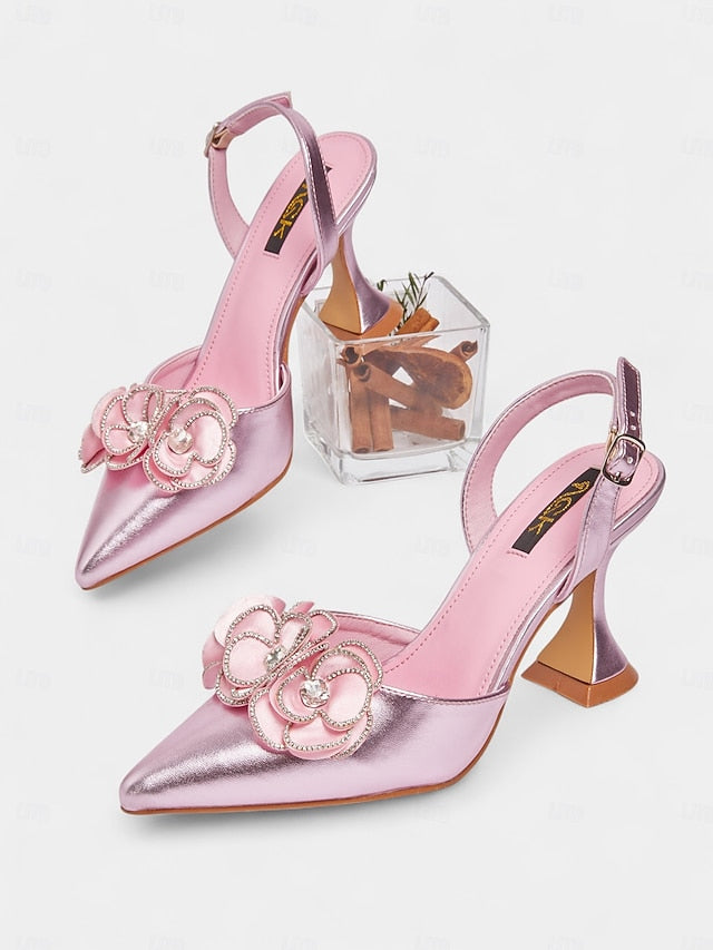 Toe Heels with Satin Floral Pink Pointed Women's