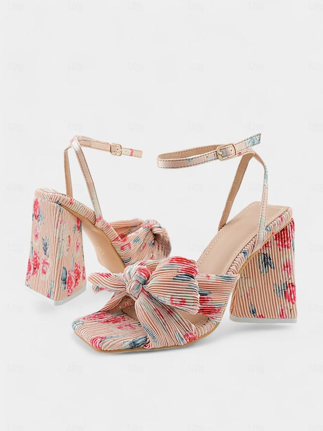 Textured Detail with Block and Gold Rose Knot Sandals Heel