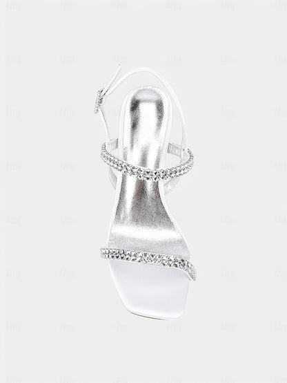 Heel Prom White Bridal – Rhinestone Sandals Women's Block