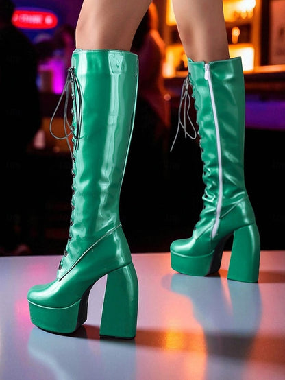 Silver Knee - Boots Platform Women's Metallic High Lace-Up