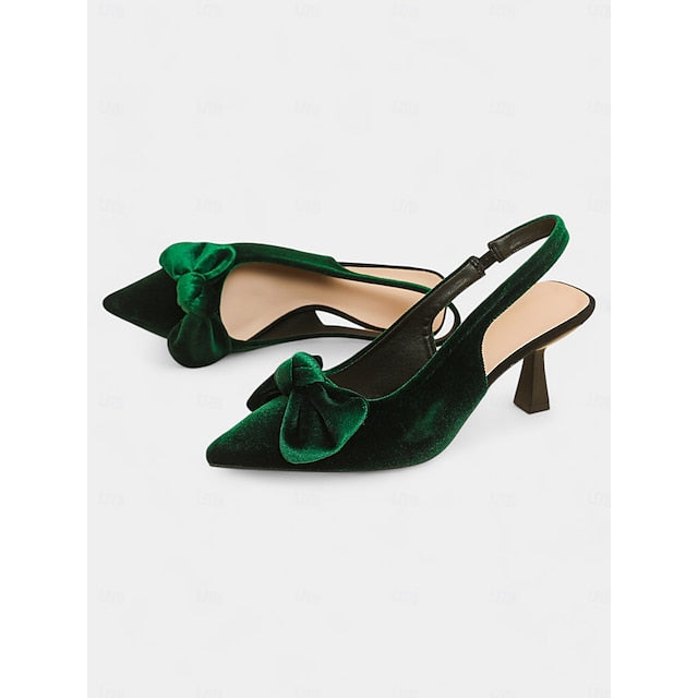 Bow Toe Blue Slingback with Pointed Women's Velvet Heels