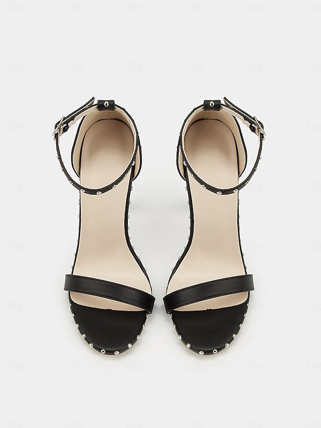 Silver with - Black Stiletto Sandals Embellishments Stud