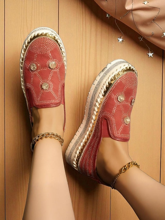 Rhinestone Red Platform Sneakers with Studs Slip-On Women's